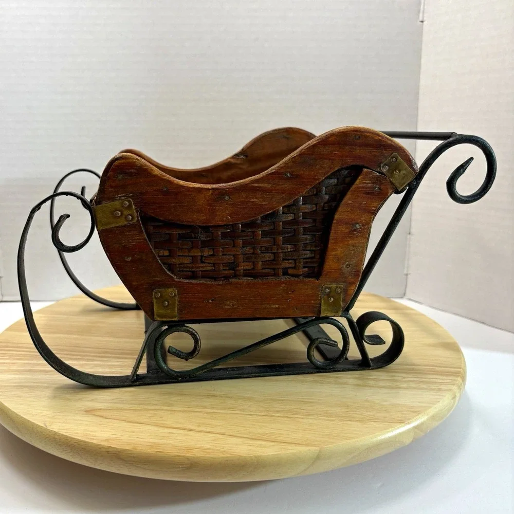 Wood Wicker & Metal Sleigh Storage Basket Small Brown/Black Handle Christmas